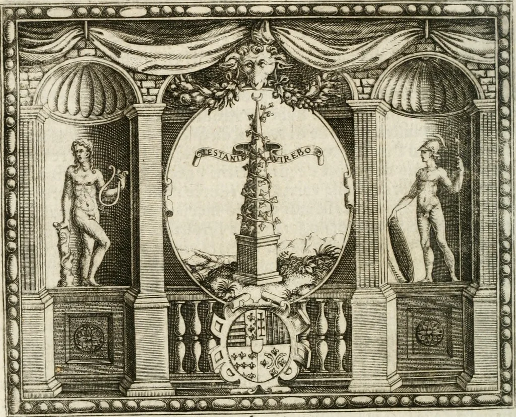 An illustration from Le imprese illustri : con espositioni et discorsi del Sor Ieronimo Ruscelli : al serenissimo et sempre felicissimo re Catolico Filippo D'Austaria : con la giunta di altre imprese tutto riordinato et corretto da Fran.co Patritio, 1572, leaf 115
