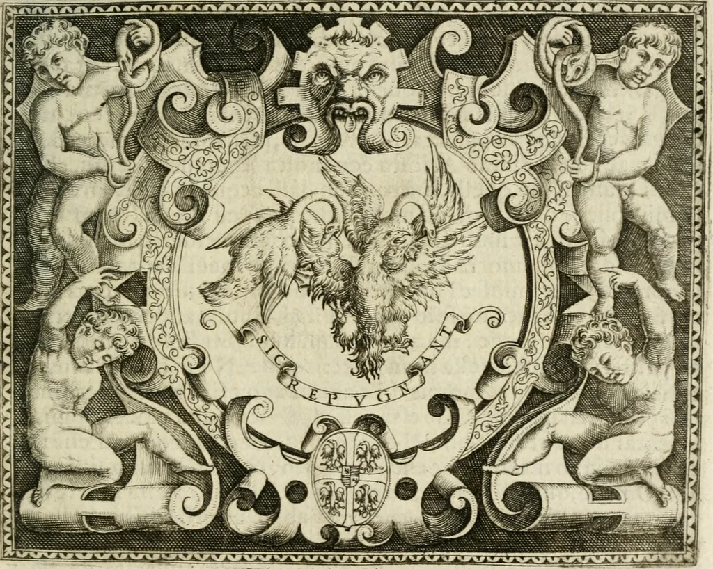 An illustration from Le imprese illustri : con espositioni et discorsi del Sor Ieronimo Ruscelli : al serenissimo et sempre felicissimo re Catolico Filippo D'Austaria : con la giunta di altre imprese tutto riordinato et corretto da Fran.co Patritio, 1572, leaf 124