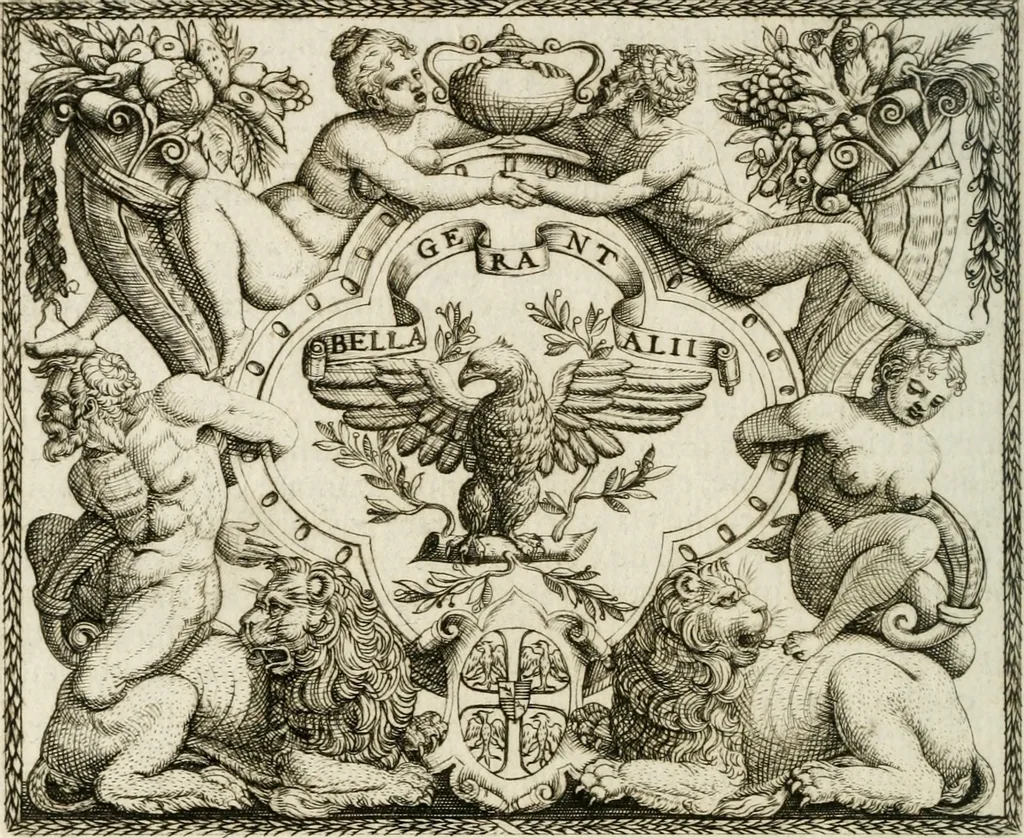 An illustration from Le imprese illustri : con espositioni et discorsi del Sor Ieronimo Ruscelli : al serenissimo et sempre felicissimo re Catolico Filippo D'Austaria : con la giunta di altre imprese tutto riordinato et corretto da Fran.co Patritio, 1572, leaf 129