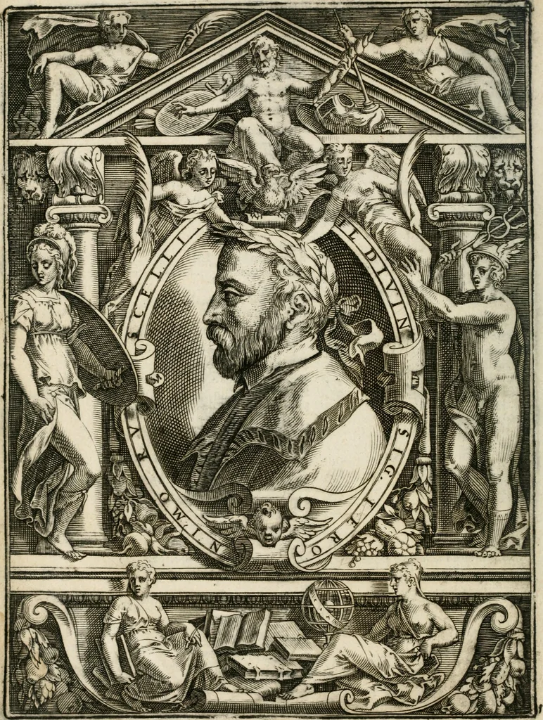 An illustration from Le imprese illustri : con espositioni et discorsi del Sor Ieronimo Ruscelli : al serenissimo et sempre felicissimo re Catolico Filippo D'Austaria : con la giunta di altre imprese tutto riordinato et corretto da Fran.co Patritio, 1572, leaf 13
