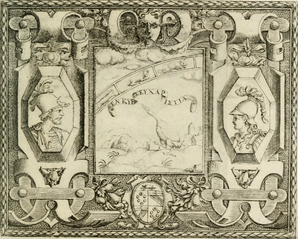 An illustration from Le imprese illustri : con espositioni et discorsi del Sor Ieronimo Ruscelli : al serenissimo et sempre felicissimo re Catolico Filippo D'Austaria : con la giunta di altre imprese tutto riordinato et corretto da Fran.co Patritio, 1572, leaf 154