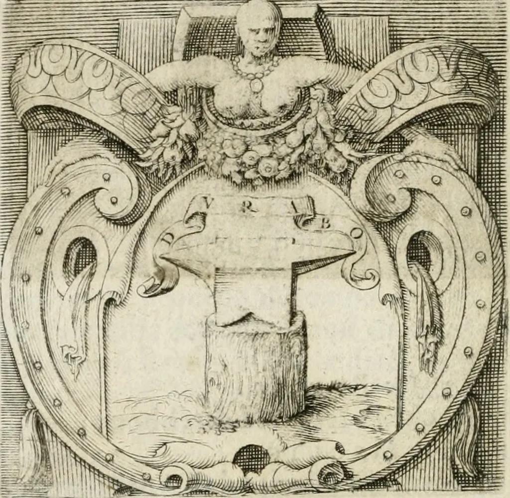 An illustration from Le imprese illustri : con espositioni et discorsi del Sor Ieronimo Ruscelli : al serenissimo et sempre felicissimo re Catolico Filippo D'Austaria : con la giunta di altre imprese tutto riordinato et corretto da Fran.co Patritio, 1572, leaf 159