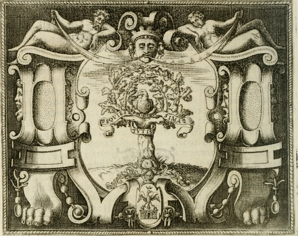 An illustration from Le imprese illustri : con espositioni et discorsi del Sor Ieronimo Ruscelli : al serenissimo et sempre felicissimo re Catolico Filippo D'Austaria : con la giunta di altre imprese tutto riordinato et corretto da Fran.co Patritio, 1572, leaf 177