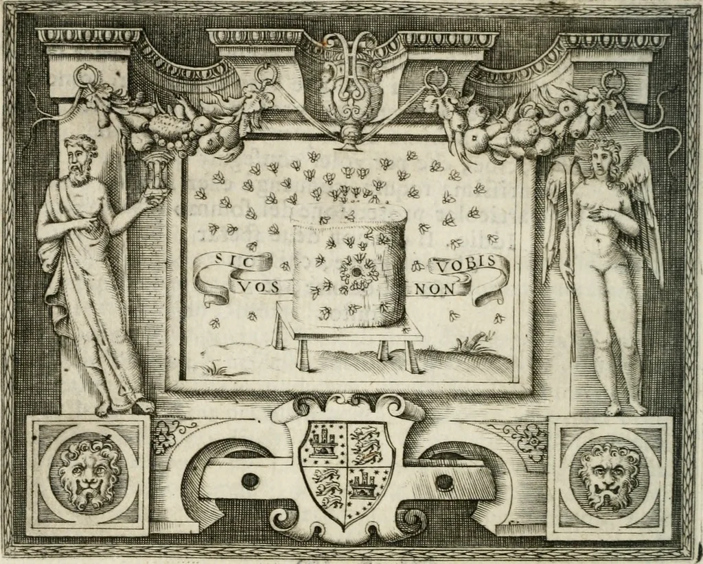 An illustration from Le imprese illustri : con espositioni et discorsi del Sor Ieronimo Ruscelli : al serenissimo et sempre felicissimo re Catolico Filippo D'Austaria : con la giunta di altre imprese tutto riordinato et corretto da Fran.co Patritio, 1572, leaf 181