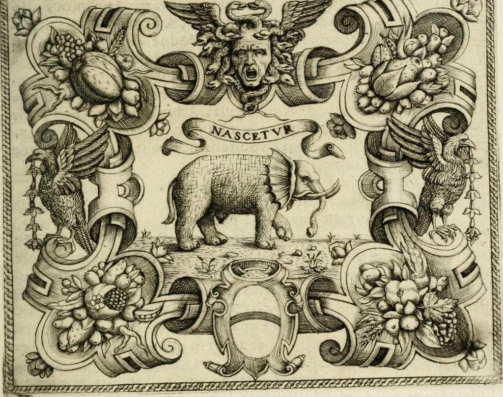 An illustration from Le imprese illustri : con espositioni et discorsi del Sor Ieronimo Ruscelli : al serenissimo et sempre felicissimo re Catolico Filippo D'Austaria : con la giunta di altre imprese tutto riordinato et corretto da Fran.co Patritio, 1572, leaf 184