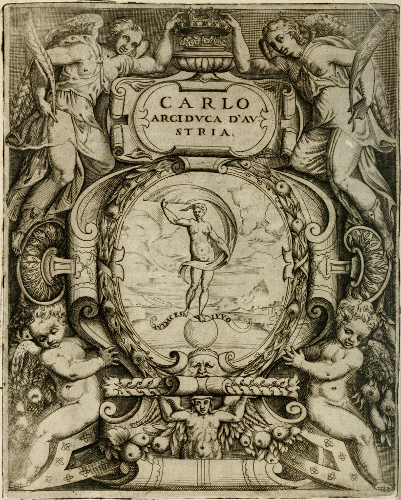 An illustration from Le imprese illustri : con espositioni et discorsi del Sor Ieronimo Ruscelli : al serenissimo et sempre felicissimo re Catolico Filippo D'Austaria : con la giunta di altre imprese tutto riordinato et corretto da Fran.co Patritio, 1572, leaf 213
