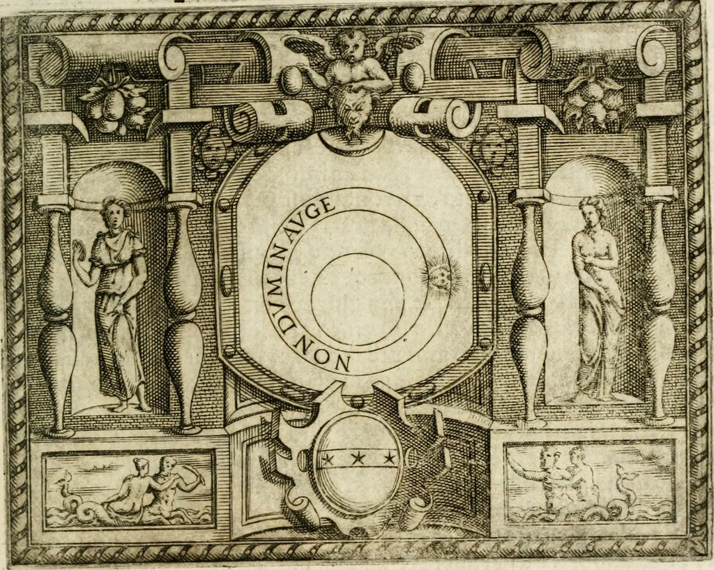 An illustration from Le imprese illustri : con espositioni et discorsi del Sor Ieronimo Ruscelli : al serenissimo et sempre felicissimo re Catolico Filippo D'Austaria : con la giunta di altre imprese tutto riordinato et corretto da Fran.co Patritio, 1572, leaf 224