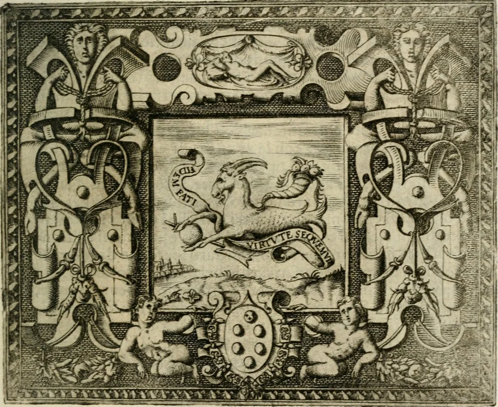 An illustration from Le imprese illustri : con espositioni et discorsi del Sor Ieronimo Ruscelli : al serenissimo et sempre felicissimo re Catolico Filippo D'Austaria : con la giunta di altre imprese tutto riordinato et corretto da Fran.co Patritio, 1572, leaf 238