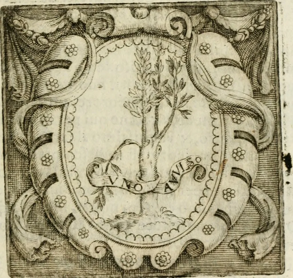An illustration from Le imprese illustri : con espositioni et discorsi del Sor Ieronimo Ruscelli : al serenissimo et sempre felicissimo re Catolico Filippo D'Austaria : con la giunta di altre imprese tutto riordinato et corretto da Fran.co Patritio, 1572, leaf 240
