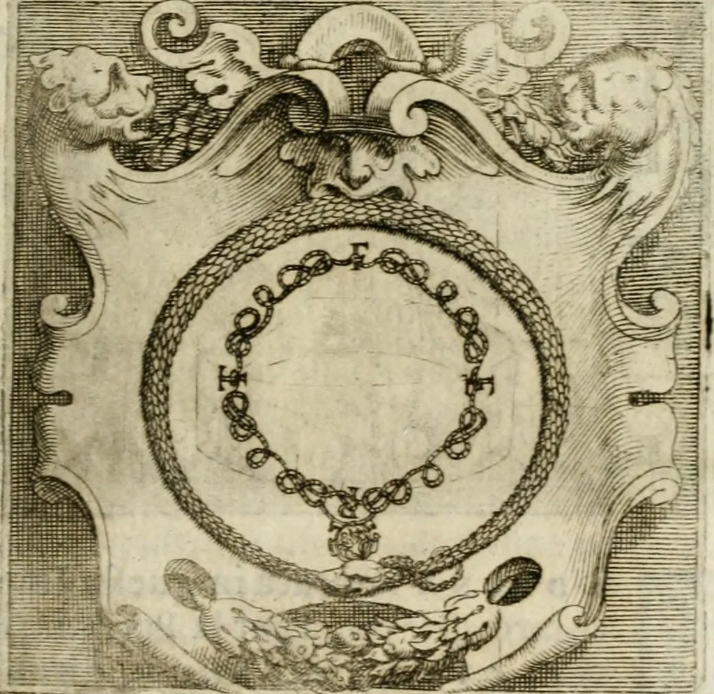 An illustration from Le imprese illustri : con espositioni et discorsi del Sor Ieronimo Ruscelli : al serenissimo et sempre felicissimo re Catolico Filippo D'Austaria : con la giunta di altre imprese tutto riordinato et corretto da Fran.co Patritio, 1572, leaf 244