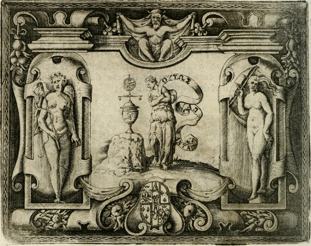An illustration from Le imprese illustri : con espositioni et discorsi del Sor Ieronimo Ruscelli : al serenissimo et sempre felicissimo re Catolico Filippo D'Austaria : con la giunta di altre imprese tutto riordinato et corretto da Fran.co Patritio, 1572, leaf 245