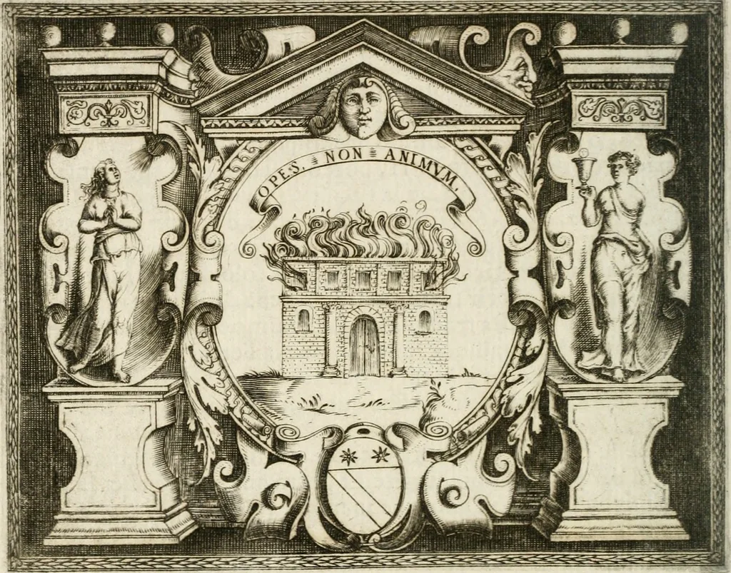An illustration from Le imprese illustri : con espositioni et discorsi del Sor Ieronimo Ruscelli : al serenissimo et sempre felicissimo re Catolico Filippo D'Austaria : con la giunta di altre imprese tutto riordinato et corretto da Fran.co Patritio, 1572, leaf 249