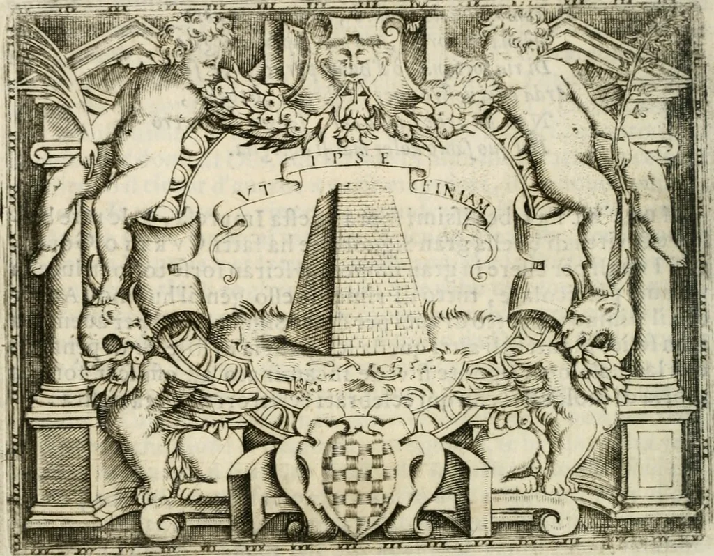 An illustration from Le imprese illustri : con espositioni et discorsi del Sor Ieronimo Ruscelli : al serenissimo et sempre felicissimo re Catolico Filippo D'Austaria : con la giunta di altre imprese tutto riordinato et corretto da Fran.co Patritio, 1572, leaf 253