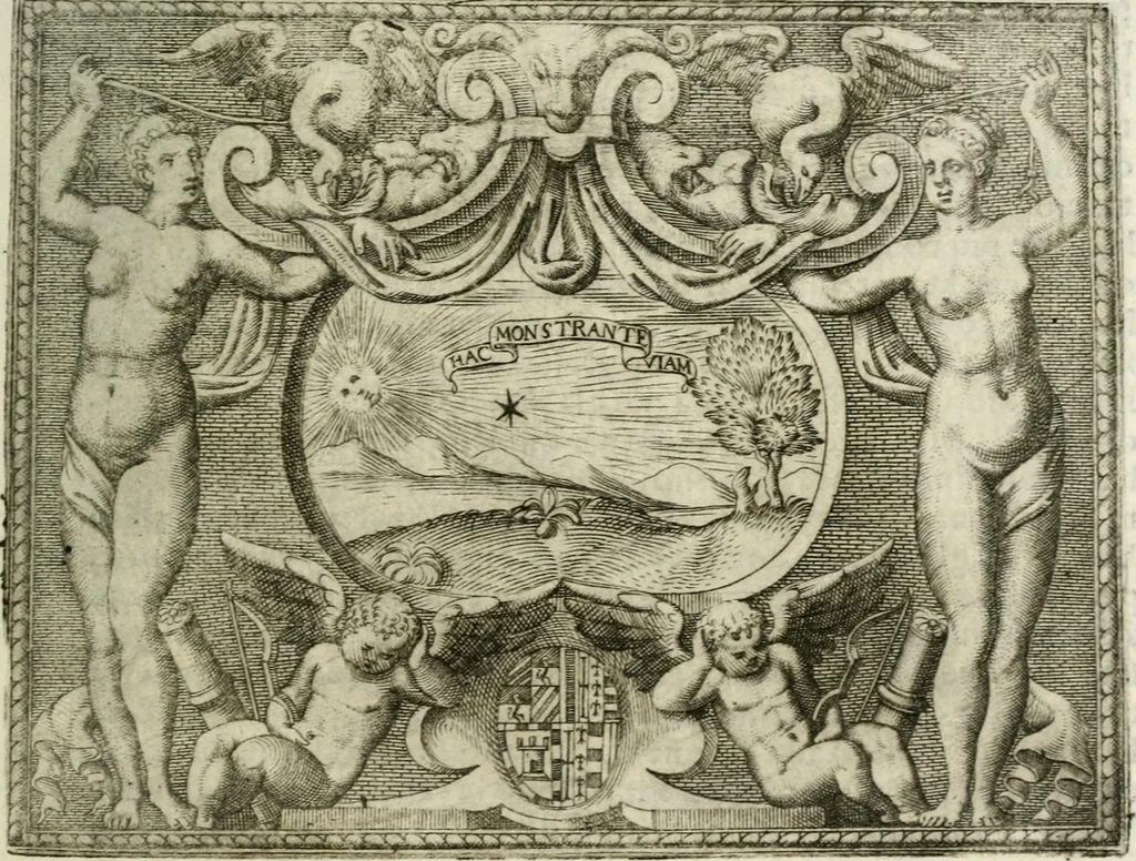 An illustration from Le imprese illustri : con espositioni et discorsi del Sor Ieronimo Ruscelli : al serenissimo et sempre felicissimo re Catolico Filippo D'Austaria : con la giunta di altre imprese tutto riordinato et corretto da Fran.co Patritio, 1572, leaf 274