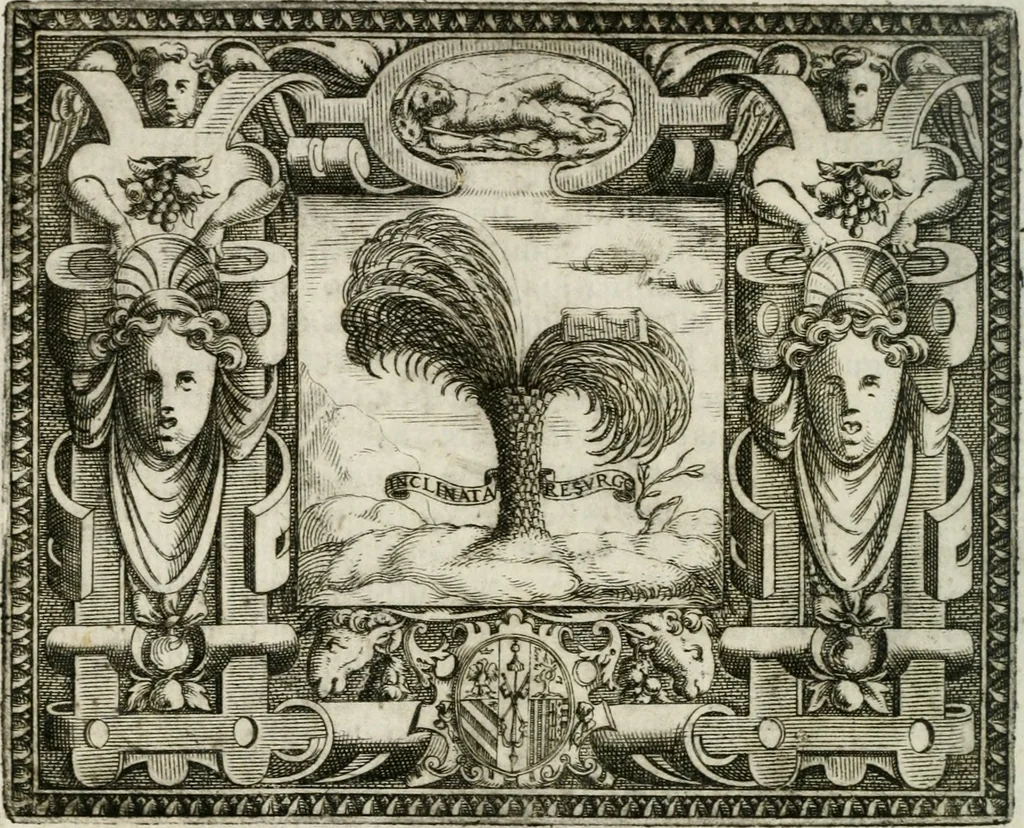 An illustration from Le imprese illustri : con espositioni et discorsi del Sor Ieronimo Ruscelli : al serenissimo et sempre felicissimo re Catolico Filippo D'Austaria : con la giunta di altre imprese tutto riordinato et corretto da Fran.co Patritio, 1572, leaf 285