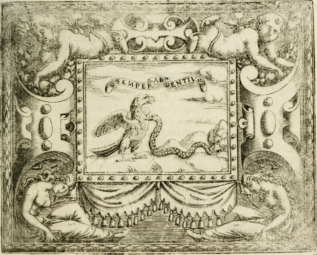 An illustration from Le imprese illustri : con espositioni et discorsi del Sor Ieronimo Ruscelli : al serenissimo et sempre felicissimo re Catolico Filippo D'Austaria : con la giunta di altre imprese tutto riordinato et corretto da Fran.co Patritio, 1572, leaf 308