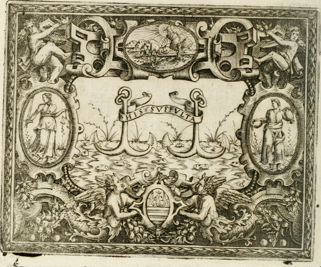 An illustration from Le imprese illustri : con espositioni et discorsi del Sor Ieronimo Ruscelli : al serenissimo et sempre felicissimo re Catolico Filippo D'Austaria : con la giunta di altre imprese tutto riordinato et corretto da Fran.co Patritio, 1572, leaf 327