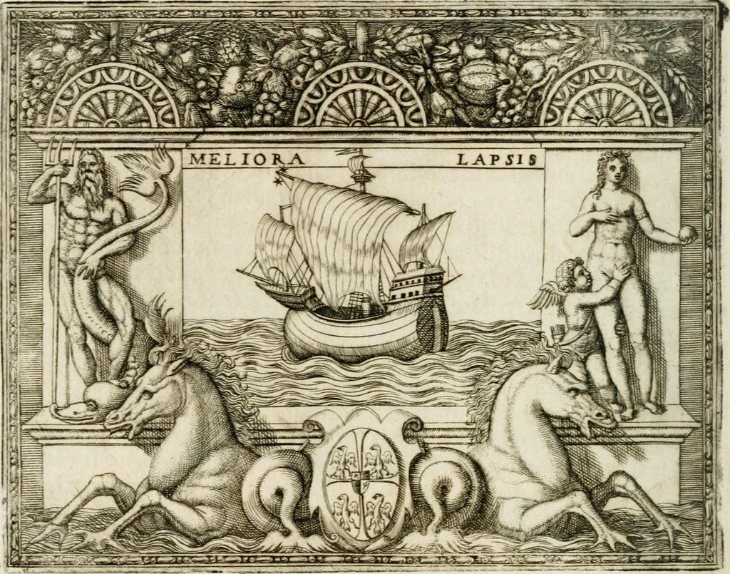 An illustration from Le imprese illustri : con espositioni et discorsi del Sor Ieronimo Ruscelli : al serenissimo et sempre felicissimo re Catolico Filippo D'Austaria : con la giunta di altre imprese tutto riordinato et corretto da Fran.co Patritio, 1572, leaf 329