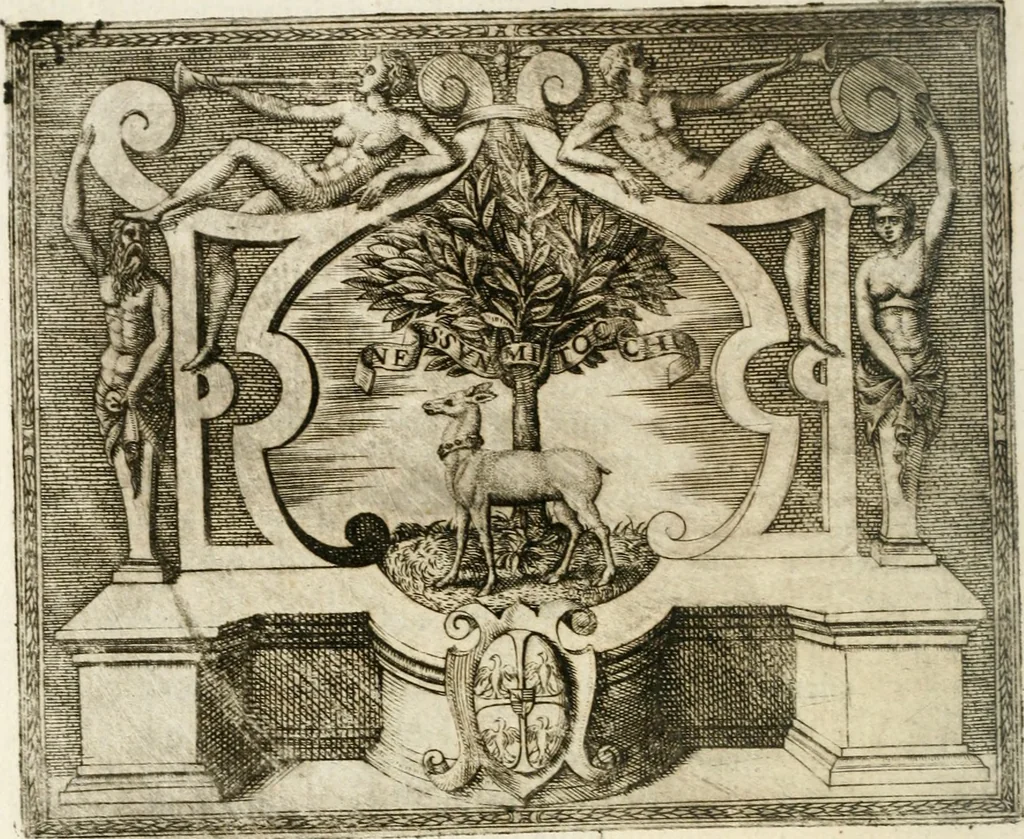 An illustration from Le imprese illustri : con espositioni et discorsi del Sor Ieronimo Ruscelli : al serenissimo et sempre felicissimo re Catolico Filippo D'Austaria : con la giunta di altre imprese tutto riordinato et corretto da Fran.co Patritio, 1572, leaf 341