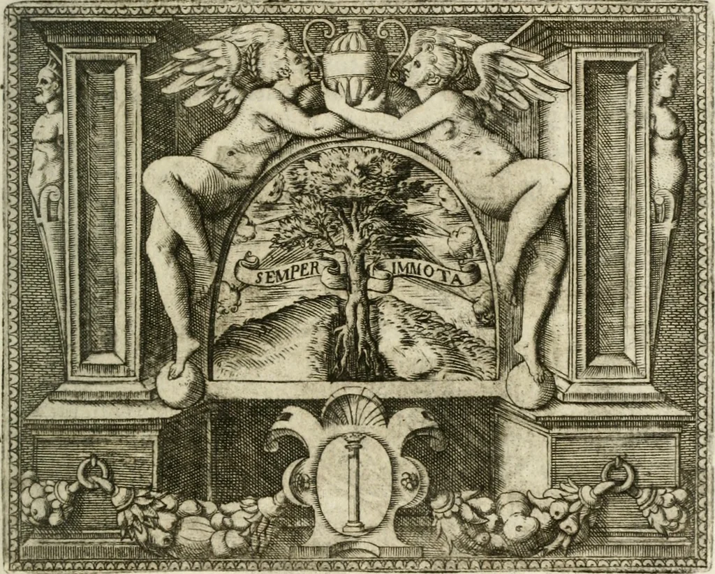 An illustration from Le imprese illustri : con espositioni et discorsi del Sor Ieronimo Ruscelli : al serenissimo et sempre felicissimo re Catolico Filippo D'Austaria : con la giunta di altre imprese tutto riordinato et corretto da Fran.co Patritio, 1572, leaf 346