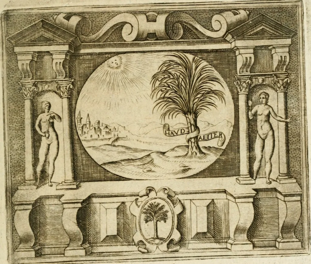 An illustration from Le imprese illustri : con espositioni et discorsi del Sor Ieronimo Ruscelli : al serenissimo et sempre felicissimo re Catolico Filippo D'Austaria : con la giunta di altre imprese tutto riordinato et corretto da Fran.co Patritio, 1572, leaf 352