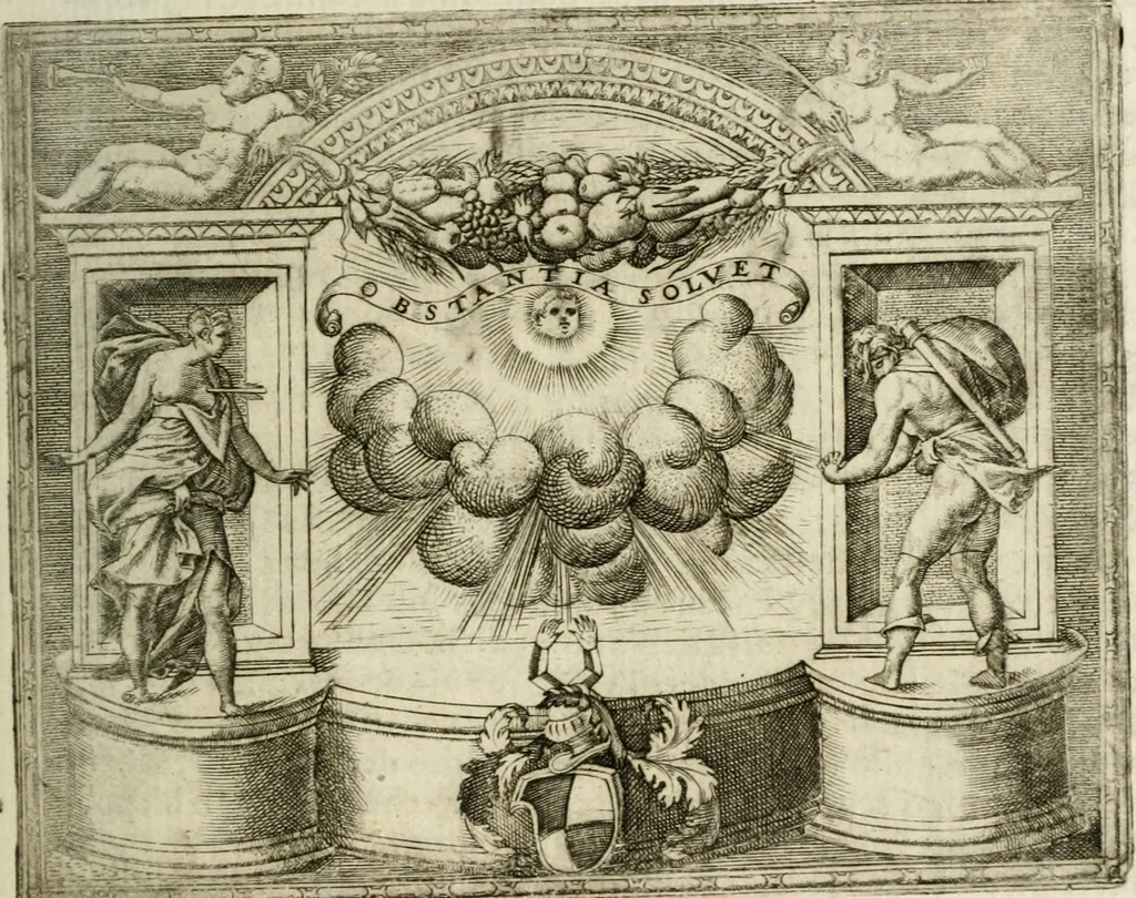 An illustration from Le imprese illustri : con espositioni et discorsi del Sor Ieronimo Ruscelli : al serenissimo et sempre felicissimo re Catolico Filippo D'Austaria : con la giunta di altre imprese tutto riordinato et corretto da Fran.co Patritio, 1572, leaf 374