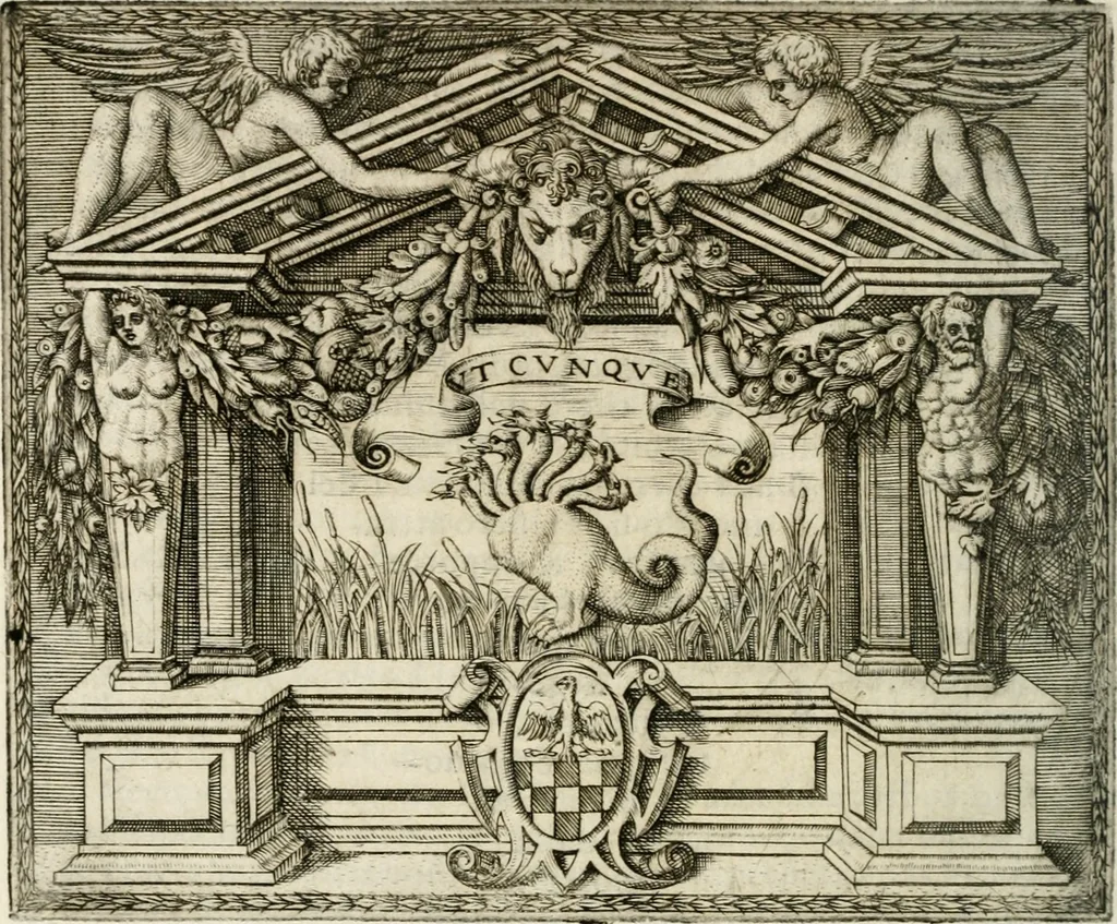An illustration from Le imprese illustri : con espositioni et discorsi del Sor Ieronimo Ruscelli : al serenissimo et sempre felicissimo re Catolico Filippo D'Austaria : con la giunta di altre imprese tutto riordinato et corretto da Fran.co Patritio, 1572, leaf 379