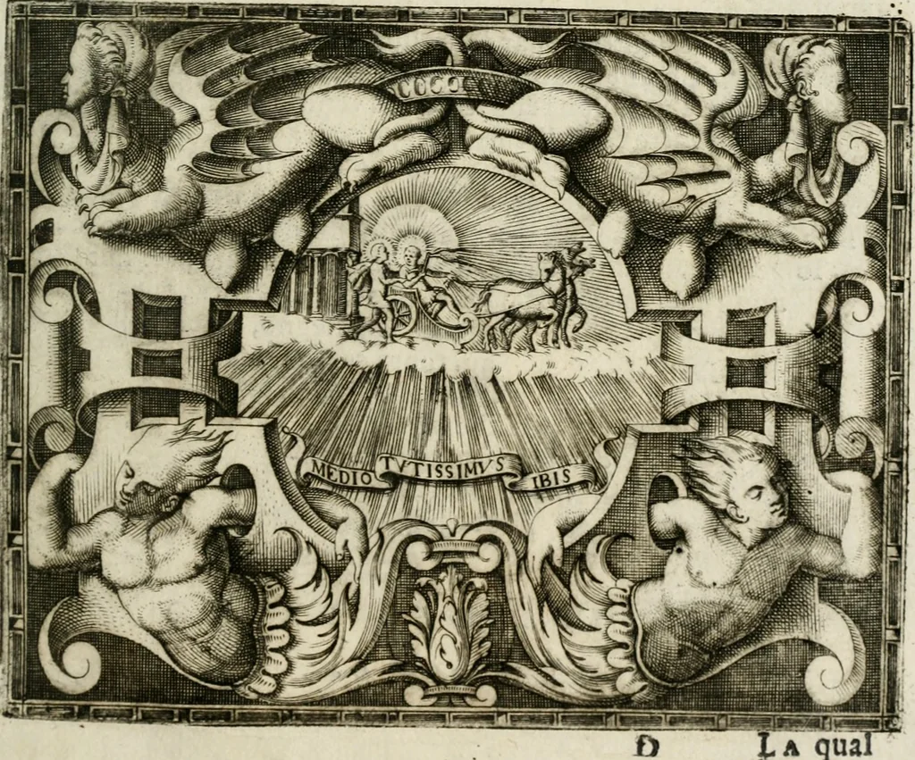 An illustration from Le imprese illustri : con espositioni et discorsi del Sor Ieronimo Ruscelli : al serenissimo et sempre felicissimo re Catolico Filippo D'Austaria : con la giunta di altre imprese tutto riordinato et corretto da Fran.co Patritio, 1572, leaf 38