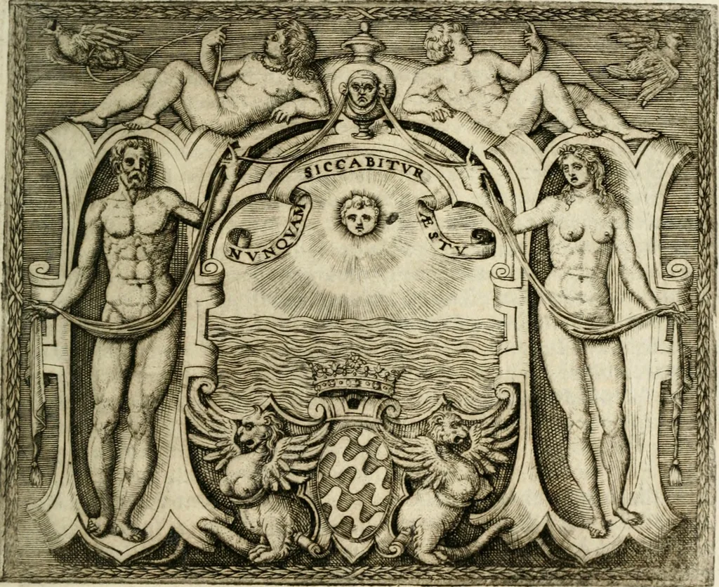 An illustration from Le imprese illustri : con espositioni et discorsi del Sor Ieronimo Ruscelli : al serenissimo et sempre felicissimo re Catolico Filippo D'Austaria : con la giunta di altre imprese tutto riordinato et corretto da Fran.co Patritio, 1572, leaf 386