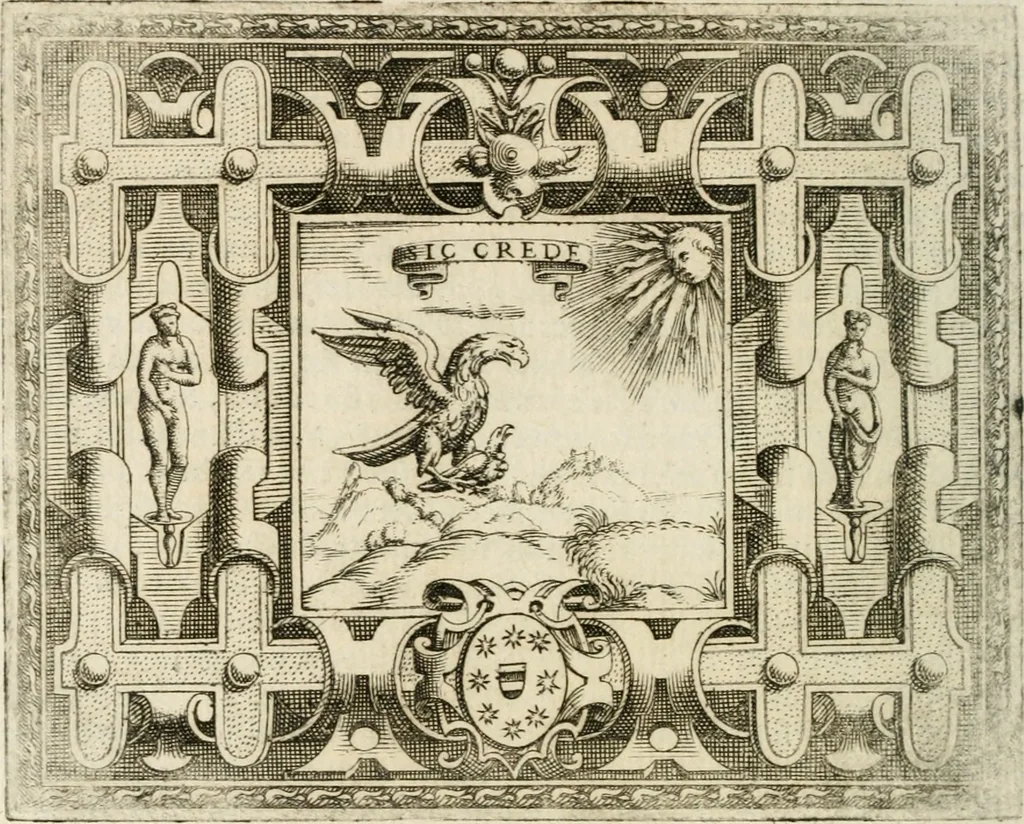 An illustration from Le imprese illustri : con espositioni et discorsi del Sor Ieronimo Ruscelli : al serenissimo et sempre felicissimo re Catolico Filippo D'Austaria : con la giunta di altre imprese tutto riordinato et corretto da Fran.co Patritio, 1572, leaf 391