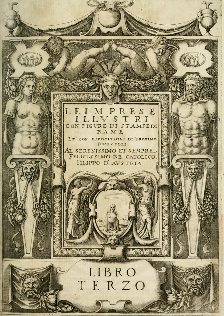 An illustration from Le imprese illustri : con espositioni et discorsi del Sor Ieronimo Ruscelli : al serenissimo et sempre felicissimo re Catolico Filippo D'Austaria : con la giunta di altre imprese tutto riordinato et corretto da Fran.co Patritio, 1572, leaf 396