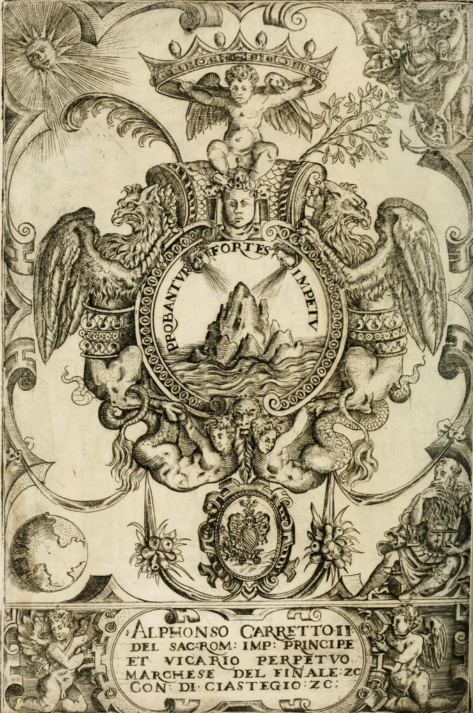 An illustration from Le imprese illustri : con espositioni et discorsi del Sor Ieronimo Ruscelli : al serenissimo et sempre felicissimo re Catolico Filippo D'Austaria : con la giunta di altre imprese tutto riordinato et corretto da Fran.co Patritio, 1572, leaf 397