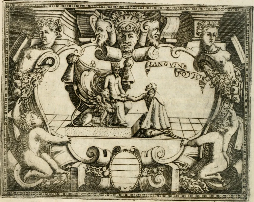 An illustration from Le imprese illustri : con espositioni et discorsi del Sor Ieronimo Ruscelli : al serenissimo et sempre felicissimo re Catolico Filippo D'Austaria : con la giunta di altre imprese tutto riordinato et corretto da Fran.co Patritio, 1572, leaf 417