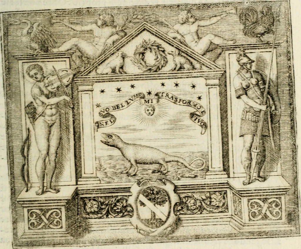 An illustration from Le imprese illustri : con espositioni et discorsi del Sor Ieronimo Ruscelli : al serenissimo et sempre felicissimo re Catolico Filippo D'Austaria : con la giunta di altre imprese tutto riordinato et corretto da Fran.co Patritio, 1572, leaf 422