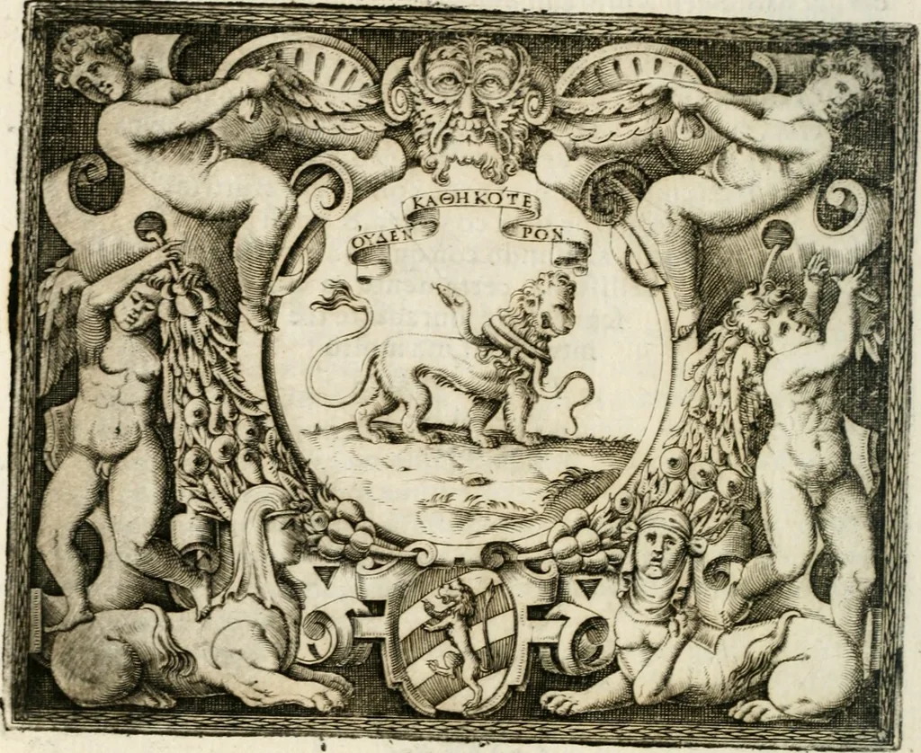 An illustration from Le imprese illustri : con espositioni et discorsi del Sor Ieronimo Ruscelli : al serenissimo et sempre felicissimo re Catolico Filippo D'Austaria : con la giunta di altre imprese tutto riordinato et corretto da Fran.co Patritio, 1572, leaf 429