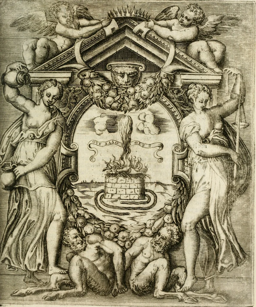 An illustration from Le imprese illustri : con espositioni et discorsi del Sor Ieronimo Ruscelli : al serenissimo et sempre felicissimo re Catolico Filippo D'Austaria : con la giunta di altre imprese tutto riordinato et corretto da Fran.co Patritio, 1572, leaf 444