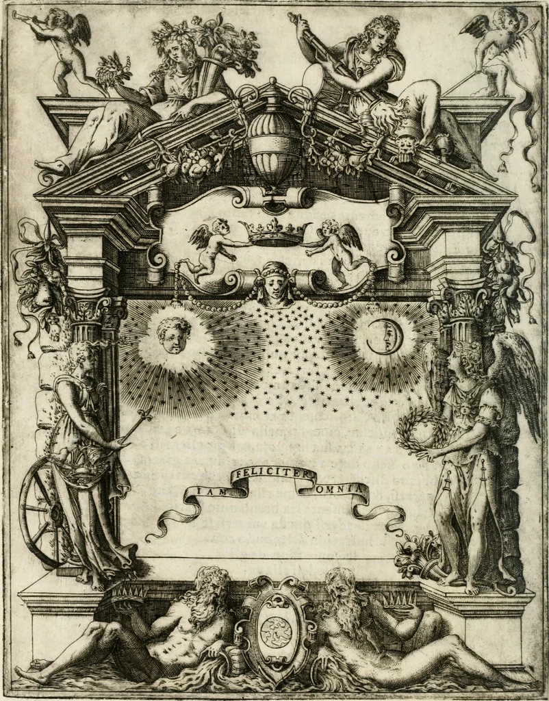 An illustration from Le imprese illustri : con espositioni et discorsi del Sor Ieronimo Ruscelli : al serenissimo et sempre felicissimo re Catolico Filippo D'Austaria : con la giunta di altre imprese tutto riordinato et corretto da Fran.co Patritio, 1572, leaf 45