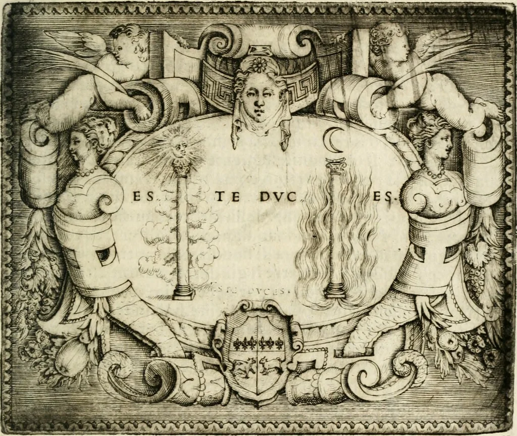 An illustration from Le imprese illustri : con espositioni et discorsi del Sor Ieronimo Ruscelli : al serenissimo et sempre felicissimo re Catolico Filippo D'Austaria : con la giunta di altre imprese tutto riordinato et corretto da Fran.co Patritio, 1572, leaf 464