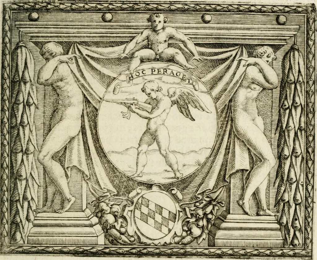 An illustration from Le imprese illustri : con espositioni et discorsi del Sor Ieronimo Ruscelli : al serenissimo et sempre felicissimo re Catolico Filippo D'Austaria : con la giunta di altre imprese tutto riordinato et corretto da Fran.co Patritio, 1572, leaf 468
