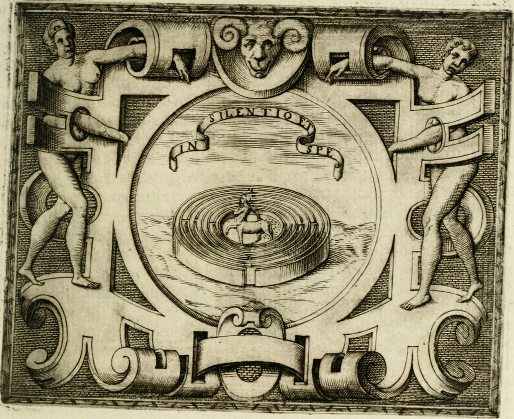 An illustration from Le imprese illustri : con espositioni et discorsi del Sor Ieronimo Ruscelli : al serenissimo et sempre felicissimo re Catolico Filippo D'Austaria : con la giunta di altre imprese tutto riordinato et corretto da Fran.co Patritio, 1572, leaf 470