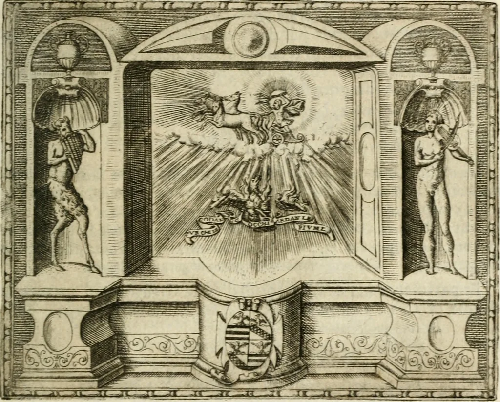 An illustration from Le imprese illustri : con espositioni et discorsi del Sor Ieronimo Ruscelli : al serenissimo et sempre felicissimo re Catolico Filippo D'Austaria : con la giunta di altre imprese tutto riordinato et corretto da Fran.co Patritio, 1572, leaf 480