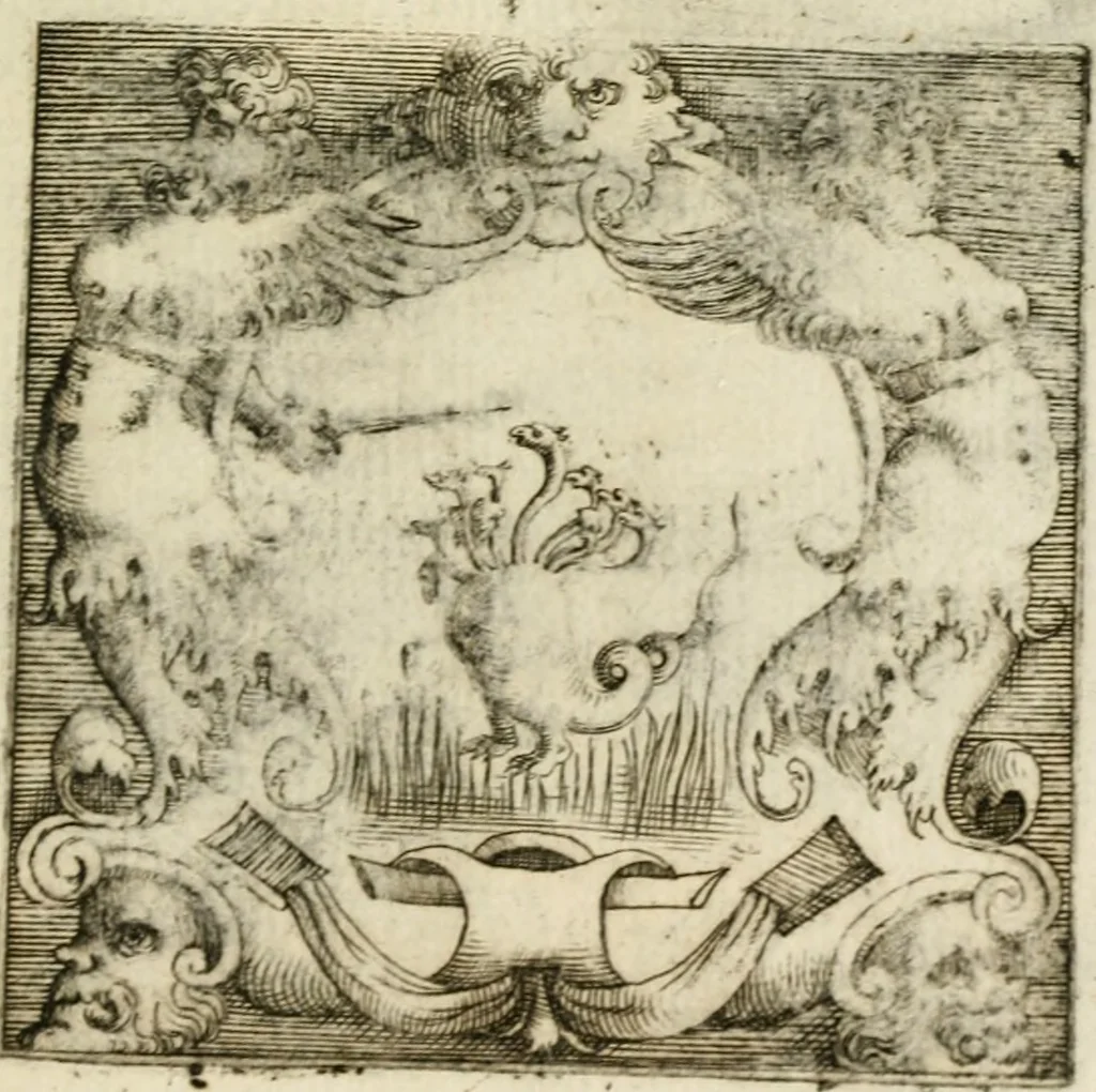 An illustration from Le imprese illustri : con espositioni et discorsi del Sor Ieronimo Ruscelli : al serenissimo et sempre felicissimo re Catolico Filippo D'Austaria : con la giunta di altre imprese tutto riordinato et corretto da Fran.co Patritio, 1572, leaf 484