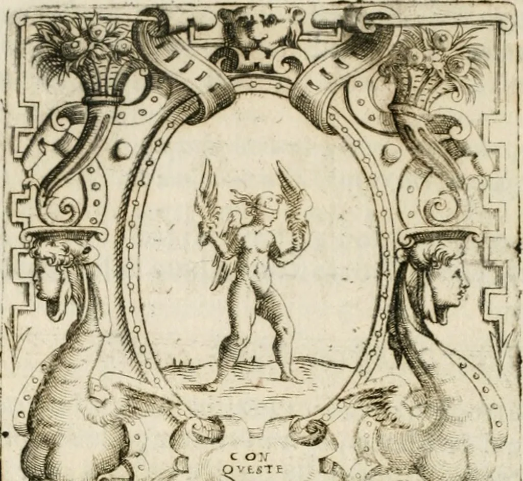 An illustration from Le imprese illustri : con espositioni et discorsi del Sor Ieronimo Ruscelli : al serenissimo et sempre felicissimo re Catolico Filippo D'Austaria : con la giunta di altre imprese tutto riordinato et corretto da Fran.co Patritio, 1572, leaf 485