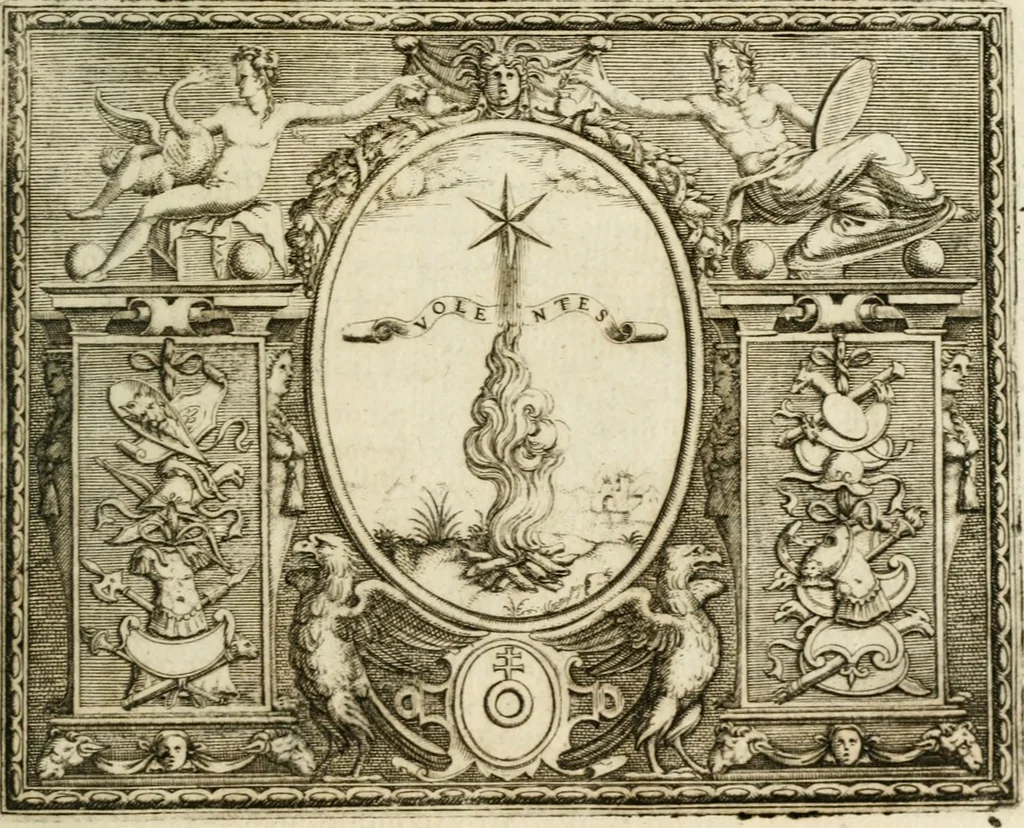 An illustration from Le imprese illustri : con espositioni et discorsi del Sor Ieronimo Ruscelli : al serenissimo et sempre felicissimo re Catolico Filippo D'Austaria : con la giunta di altre imprese tutto riordinato et corretto da Fran.co Patritio, 1572, leaf 486