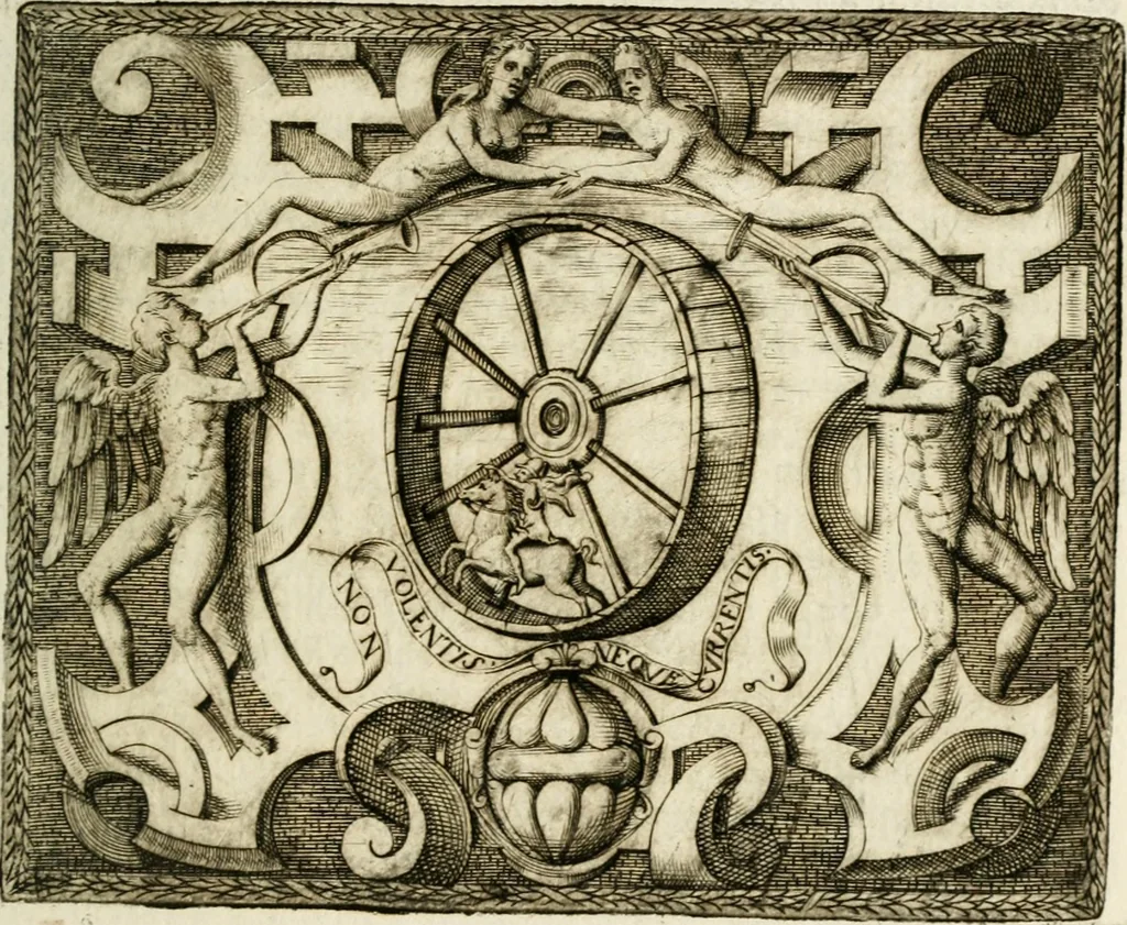 An illustration from Le imprese illustri : con espositioni et discorsi del Sor Ieronimo Ruscelli : al serenissimo et sempre felicissimo re Catolico Filippo D'Austaria : con la giunta di altre imprese tutto riordinato et corretto da Fran.co Patritio, 1572, leaf 488