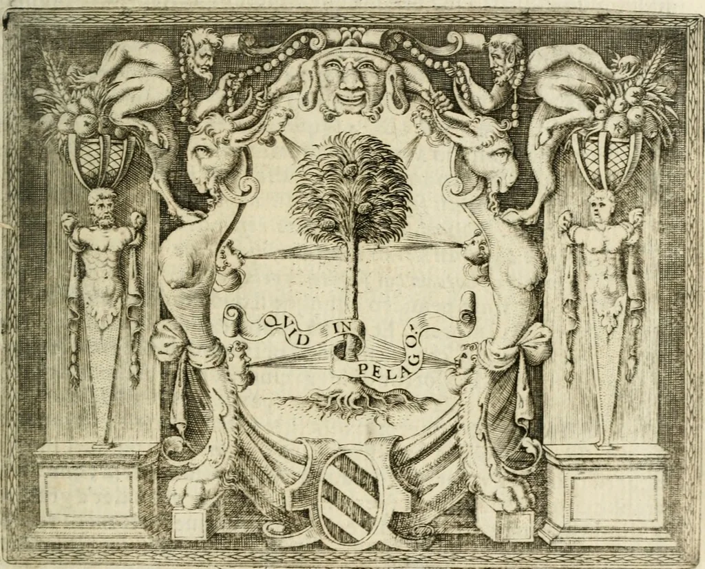 An illustration from Le imprese illustri : con espositioni et discorsi del Sor Ieronimo Ruscelli : al serenissimo et sempre felicissimo re Catolico Filippo D'Austaria : con la giunta di altre imprese tutto riordinato et corretto da Fran.co Patritio, 1572, leaf 492