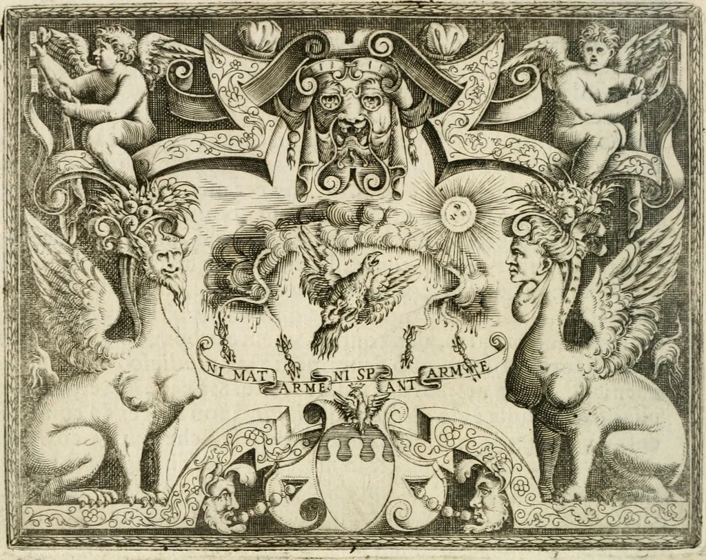 An illustration from Le imprese illustri : con espositioni et discorsi del Sor Ieronimo Ruscelli : al serenissimo et sempre felicissimo re Catolico Filippo D'Austaria : con la giunta di altre imprese tutto riordinato et corretto da Fran.co Patritio, 1572, leaf 495