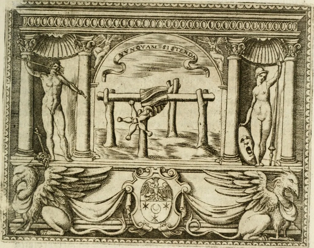 An illustration from Le imprese illustri : con espositioni et discorsi del Sor Ieronimo Ruscelli : al serenissimo et sempre felicissimo re Catolico Filippo D'Austaria : con la giunta di altre imprese tutto riordinato et corretto da Fran.co Patritio, 1572, leaf 500