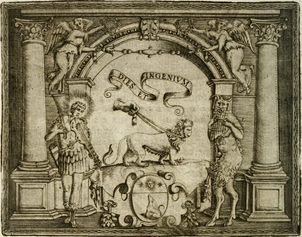 An illustration from Le imprese illustri : con espositioni et discorsi del Sor Ieronimo Ruscelli : al serenissimo et sempre felicissimo re Catolico Filippo D'Austaria : con la giunta di altre imprese tutto riordinato et corretto da Fran.co Patritio, 1572, leaf 503