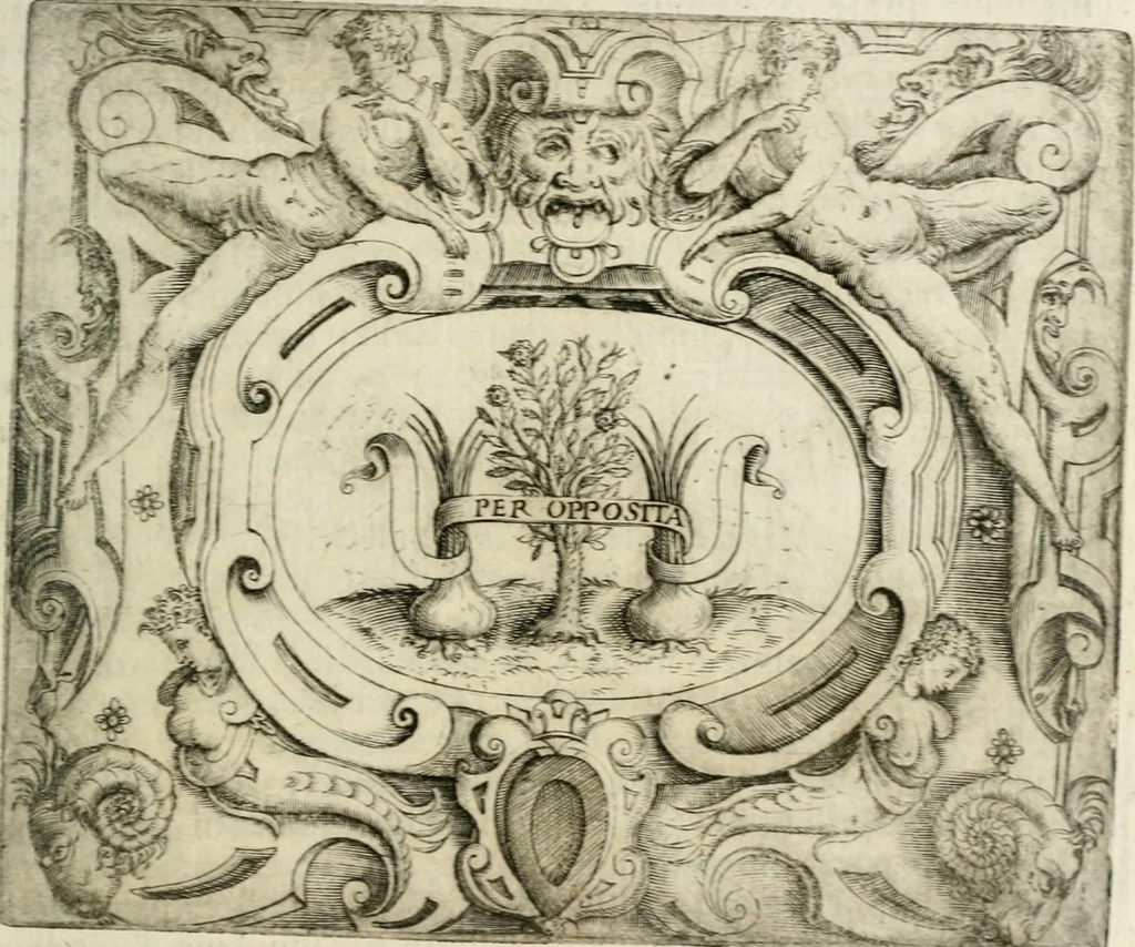 An illustration from Le imprese illustri : con espositioni et discorsi del Sor Ieronimo Ruscelli : al serenissimo et sempre felicissimo re Catolico Filippo D'Austaria : con la giunta di altre imprese tutto riordinato et corretto da Fran.co Patritio, 1572, leaf 512